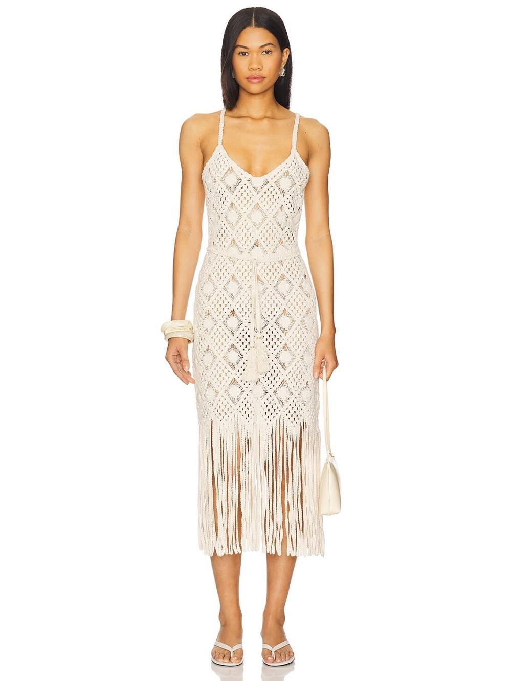 L'AGENCE Haleigh Diamond Over The Shoulder Fringe Midi Dress NWT
